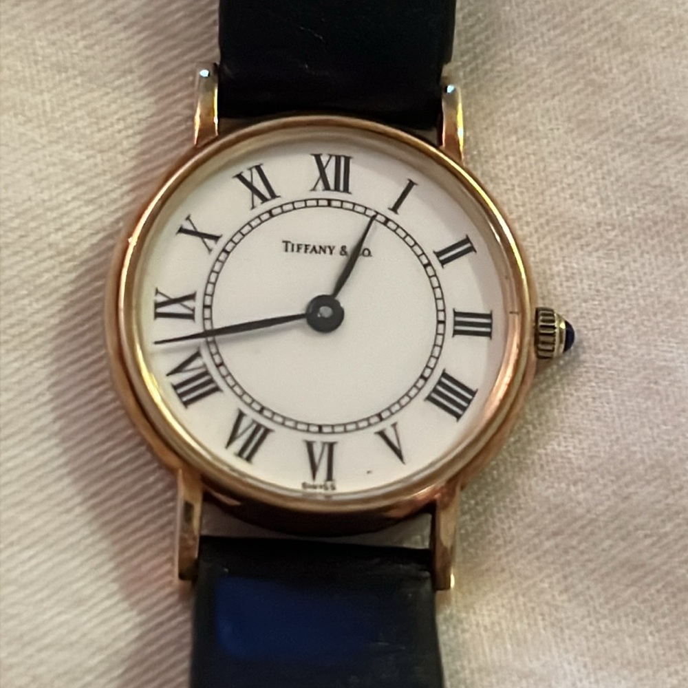 1990 Vintage Tiffany Women's 21mm 14k Gold Watch w/ Black Leather Strap